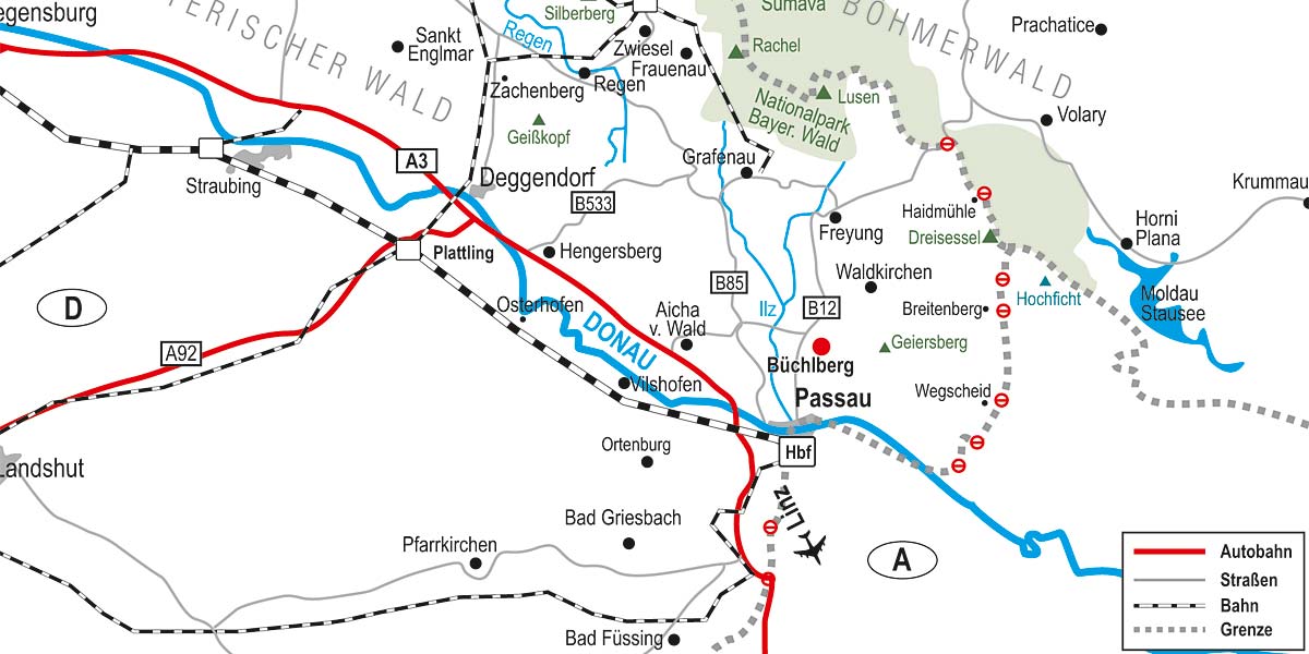 Anfahrt nach Büchlberg im Passauer Land - Karte Bayerischer Wald - So